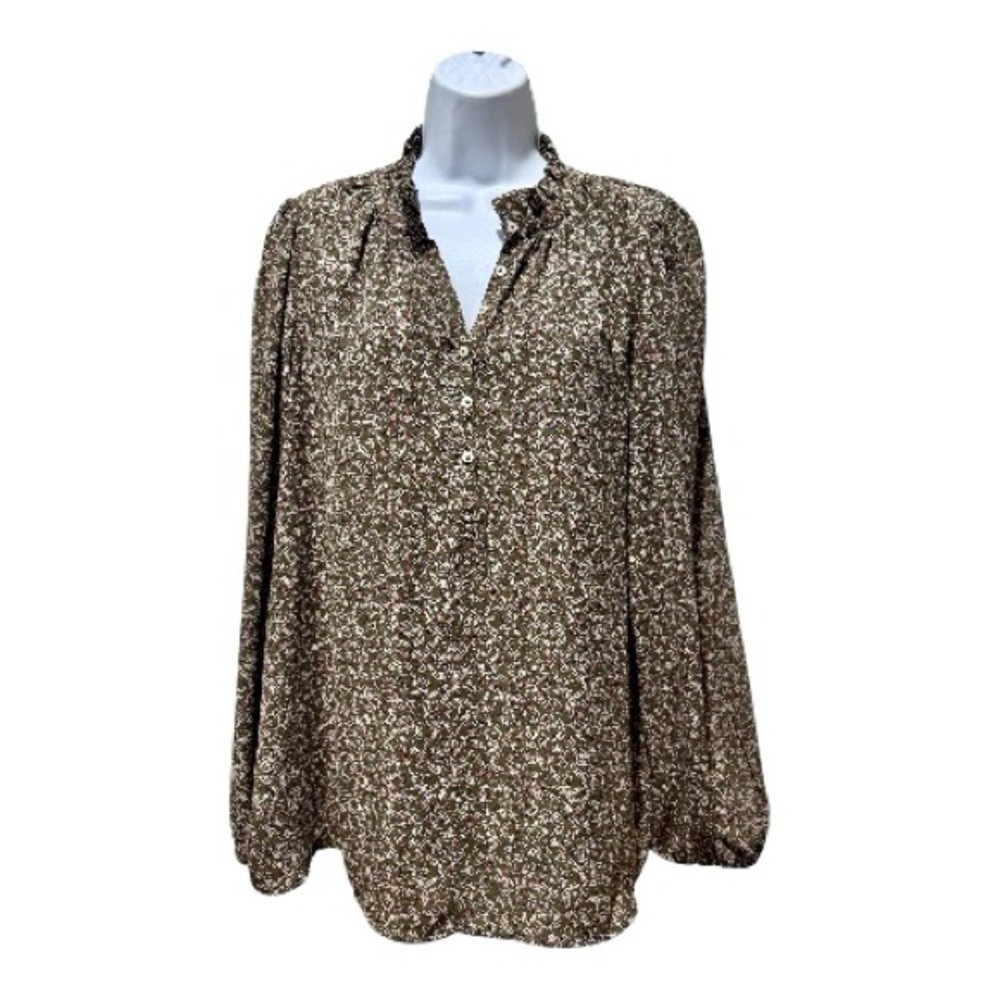 LOFT Olive Floral Mixed Media Blouse Size Large